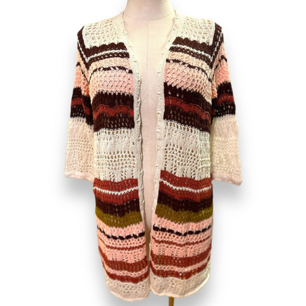 Torrid 1 (1X 14/16) Multi Stripe Open Front Crochet Boho Cardigan Sweater Top